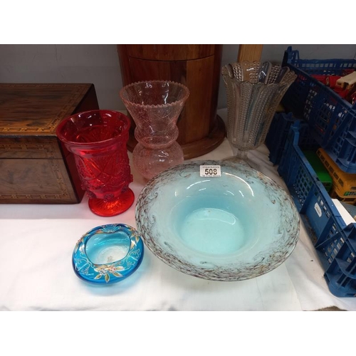 508 - An art glass bowl with hairline crack and 3 vases and Victorian overlaid pin dish.