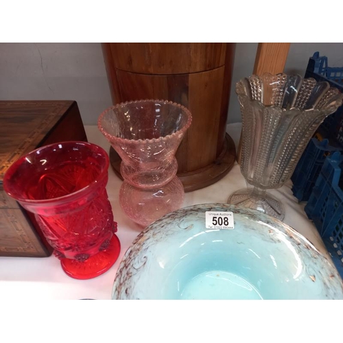 508 - An art glass bowl with hairline crack and 3 vases and Victorian overlaid pin dish.