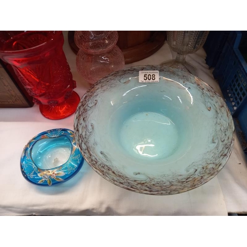 508 - An art glass bowl with hairline crack and 3 vases and Victorian overlaid pin dish.