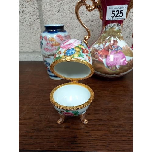 525 - A Limoges vase and pair of Japanese vases and a porcelain egg trinket box.