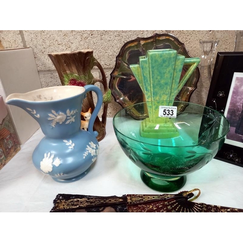 533 - An Art Deco pottery jug and Withernsea fawn jug and vintage fern etc.