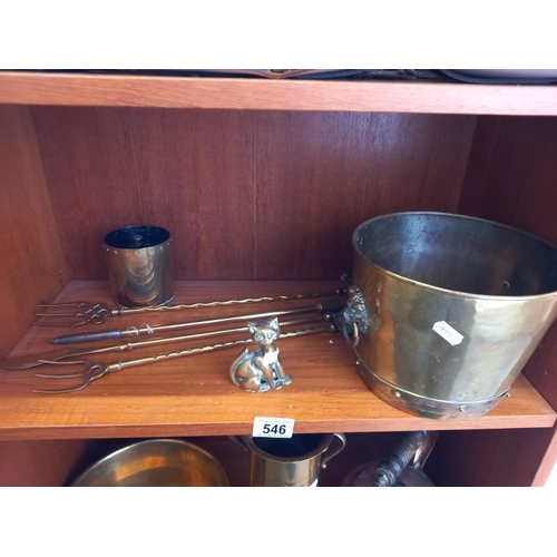 546 - Brassware including toasting forks, shells case, horse brasses etc, 3 shelves.