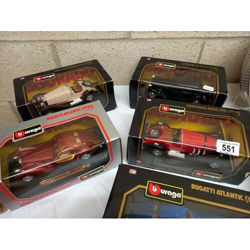 551 - 6 boxed Burago 1:24 scale model cars and 3 others.