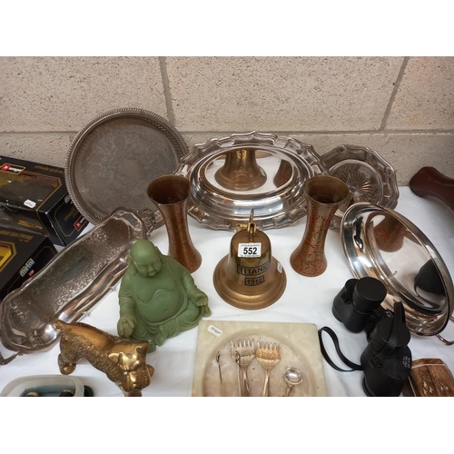 552 - A selection of silver plate and brass including tureen Titanic bell etc.