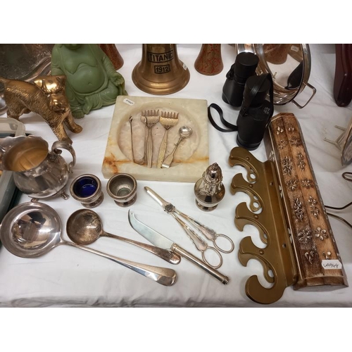 552 - A selection of silver plate and brass including tureen Titanic bell etc.