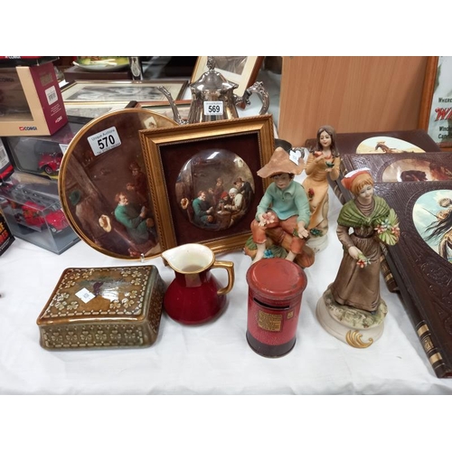 570 - A tinplate pillar box money box, Irish wade trinket box, framed pot lid, Carlton ware, rouge Royale ... 