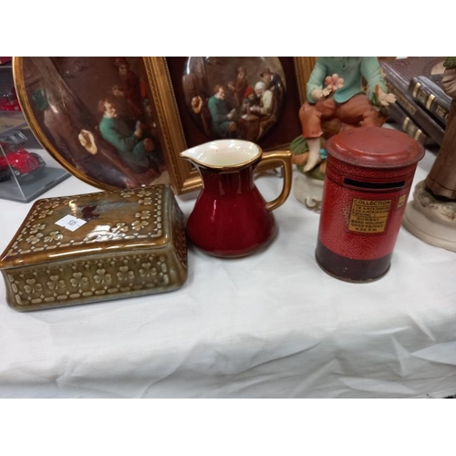 570 - A tinplate pillar box money box, Irish wade trinket box, framed pot lid, Carlton ware, rouge Royale ... 