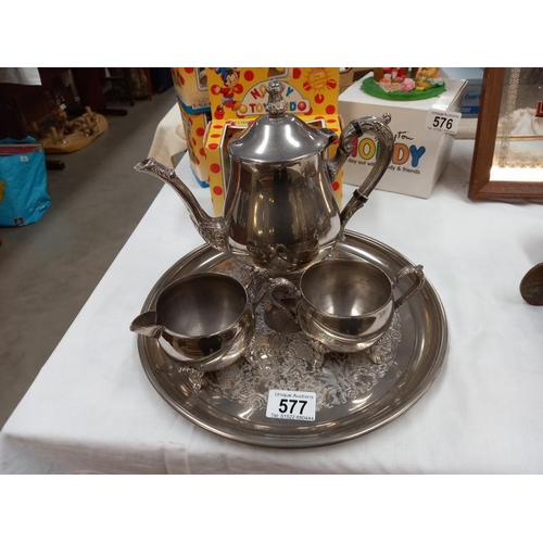 577 - 3 Piece silver plate coffee set tray.