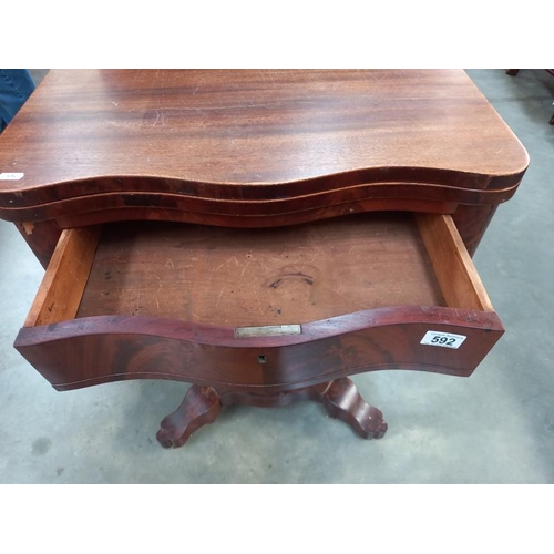 592 - A Victorian mahogany serpentine French fold over table with 2 drawers on centre pedestal lyre base. ... 