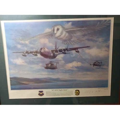 598 - 2 framed, glazed and signed aircraft prints Hercules 'Night Owl' and black and white sketch of Pathf... 