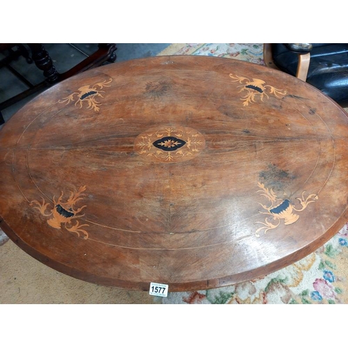 1577 - A Victorian oval mahogany inlaid table, COLLECT ONLY.