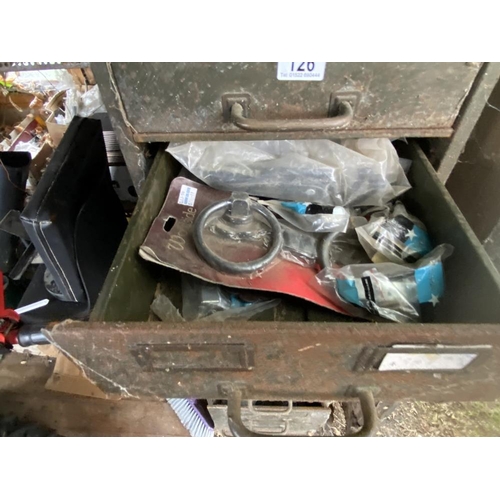 126 - A steel cabinet with drawers, part filled with various ironmongery. Collect Only.