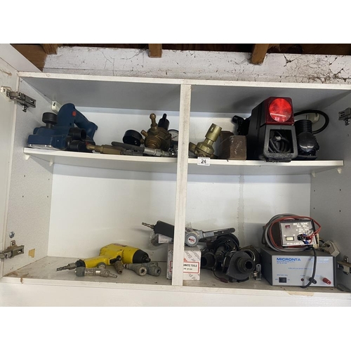 24 - 2 Shelves of mini compressors, gas valves, compressed air tools, IZV transformers, steam engine stea... 