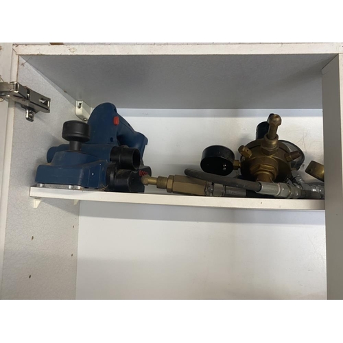 24 - 2 Shelves of mini compressors, gas valves, compressed air tools, IZV transformers, steam engine stea... 