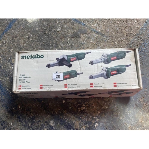 28 - A Metabo straight 110V grinder pop riveter and tyre pressure pump. Collect Only.