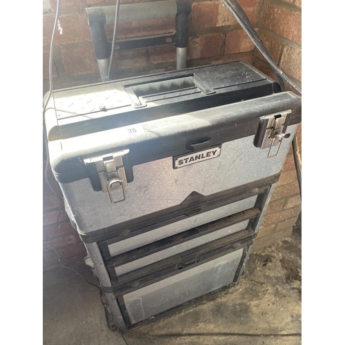 35 - A Stanley tower double box metal and plastic construction, 2 drawers with mixed drill and bits. Coll... 