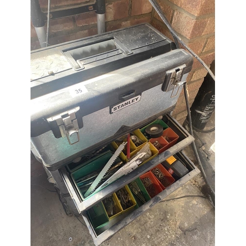 35 - A Stanley tower double box metal and plastic construction, 2 drawers with mixed drill and bits. Coll... 