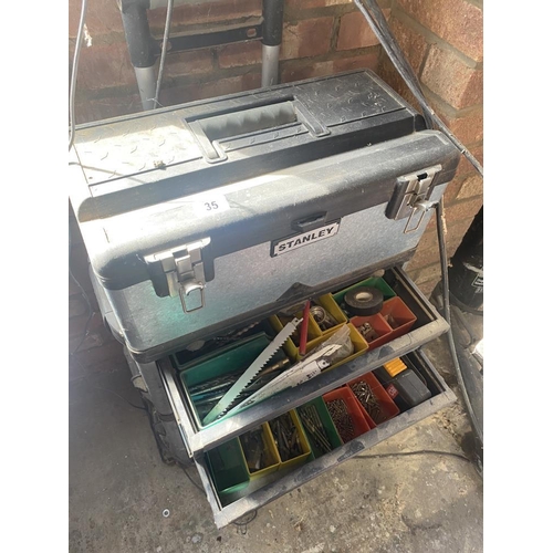 35 - A Stanley tower double box metal and plastic construction, 2 drawers with mixed drill and bits. Coll... 