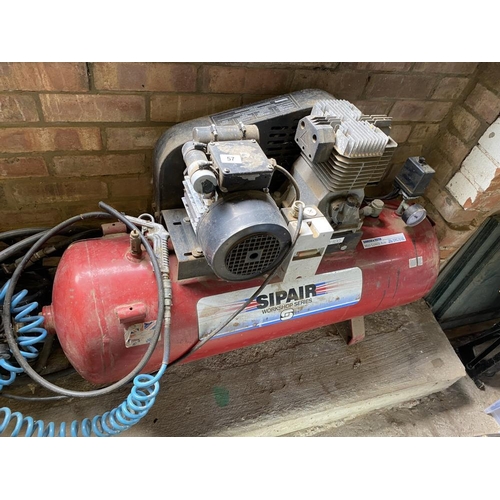 57 - A Sipair air compressor, 100 liters with tyre inflator. Collect Only.