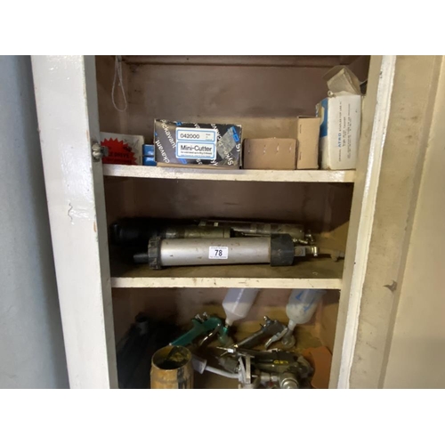 78 - 1 Cupboard full of spray equipment, grease guns, corner clamps, electric screwdriver and metal cutte... 