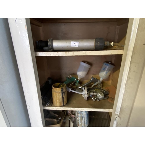 78 - 1 Cupboard full of spray equipment, grease guns, corner clamps, electric screwdriver and metal cutte... 