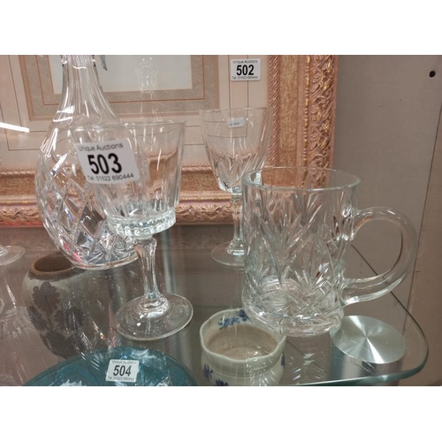 503 - A cut glass decanter and selection of glasses.
Collect Only.