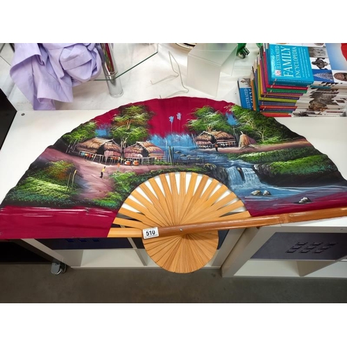 510 - 2 Large hand painted oriental wall fans. 101cm x 61cm.