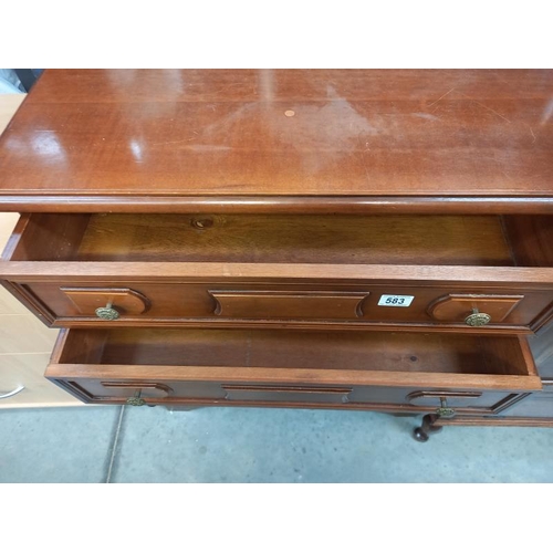 583 - A mahogany veneered chest of drawers. 78cm x 38cm x height 92cm. Collect Only.