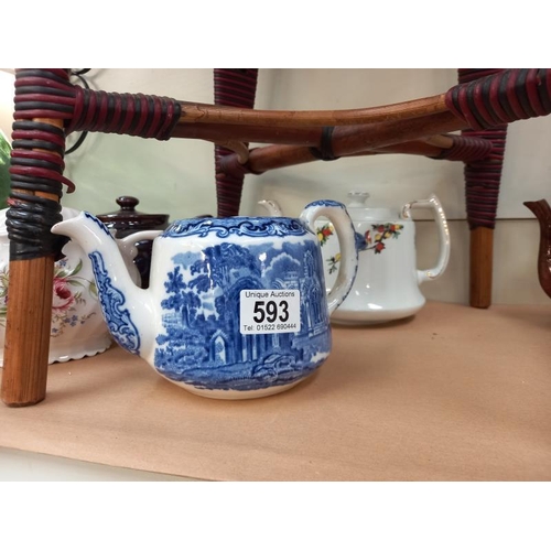 593 - A selection of vintage teapots including blue and white George Jones.