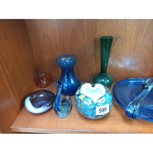 599 - A selection of art glass, including Swan dish, Owl paperweight, etc.