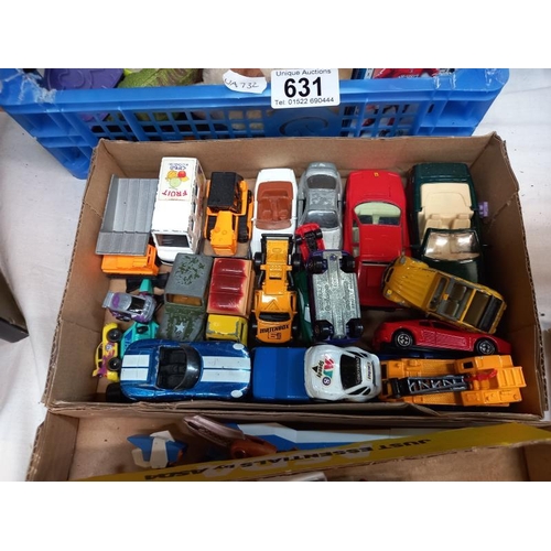 631 - 3 boxes of toy cars, figures, etc.