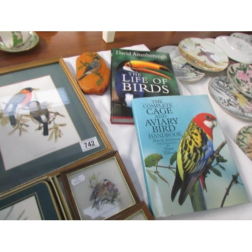 742 - 2 bird books, 5 bird pictures and a set of bird decorated table mats.