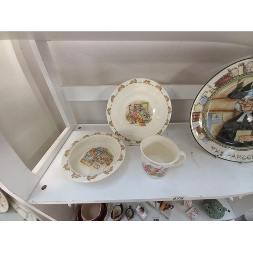 679 - 3 pieces of Royal Doulton Bunnykins & a Royal Doulton 'The Parsons' plate