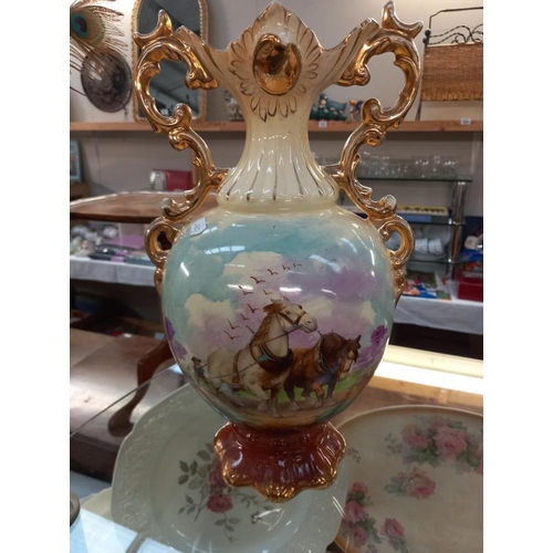 693 - A pair of large mantle vases with horse scenes, signed L.Reid (1 A/F), Collect only