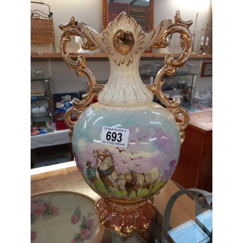 693 - A pair of large mantle vases with horse scenes, signed L.Reid (1 A/F), Collect only