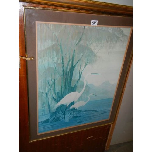 587 - A framed and glazed signed Chinese print of cranes.