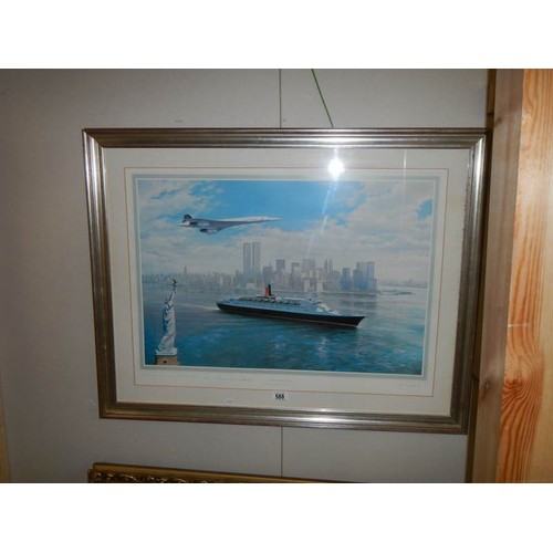 588 - A framed and glazed print entitled 'Cunard Salute to the Queen' with Concorde flying above.