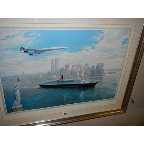 588 - A framed and glazed print entitled 'Cunard Salute to the Queen' with Concorde flying above.