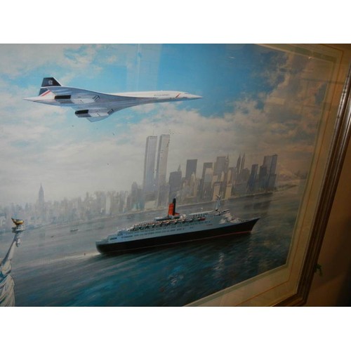 588 - A framed and glazed print entitled 'Cunard Salute to the Queen' with Concorde flying above.