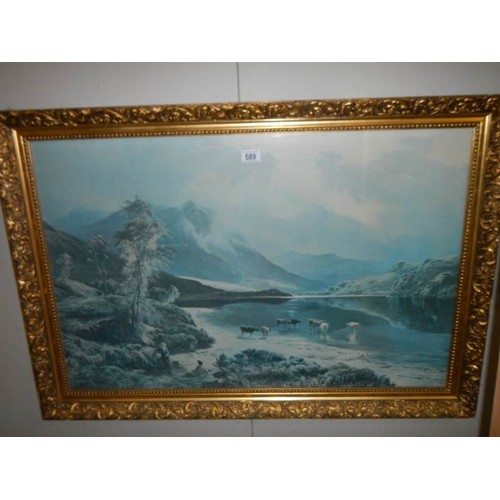 589 - A good gilt framed print of Highland Cattle on a lake.