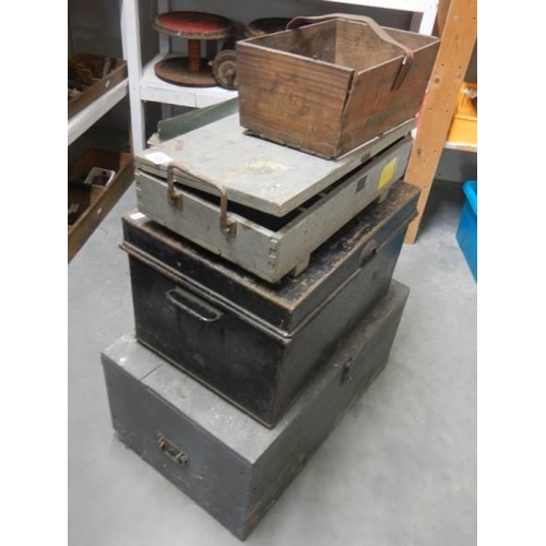 328 - A metal tin box and 2 wooden boxes.