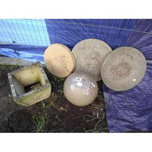 207 - Three garden stepping stones, a solid ball and a pot. COLLECT ONLY.