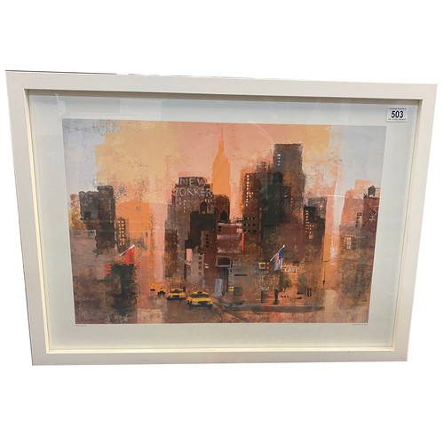 503 - A white framed and glazed print New Yorker amd Cabs by Colin Ruffell