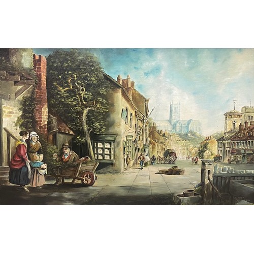 507 - Allen, Roy An oil on canvas of Historic Lincoln scene from the High Street looking to the Cathedral.... 