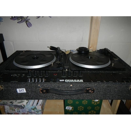 317 - A vintage Quasar double record deck for DJ and record box. COLLECT ONLY