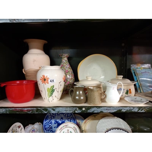 425 - A shelf of vases, jugs & a vintage mixing bowl