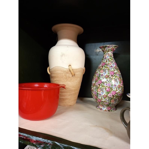 425 - A shelf of vases, jugs & a vintage mixing bowl