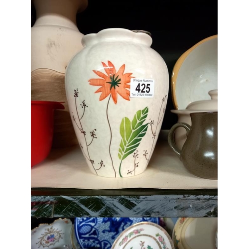 425 - A shelf of vases, jugs & a vintage mixing bowl