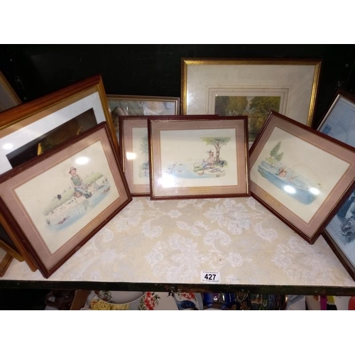 427 - A shelf of pictures including 4 funny fishing prints