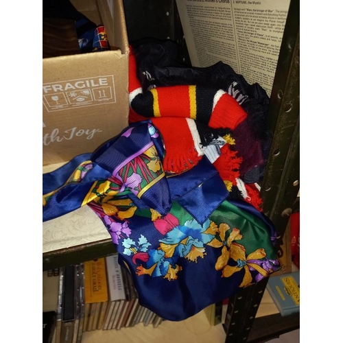 453 - A quantity of men's ties, various scarves & 2 small flags